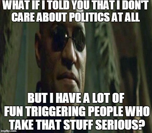 WHAT IF I TOLD YOU THAT I DON'T CARE ABOUT POLITICS AT ALL BUT I HAVE A LOT OF FUN TRIGGERING PEOPLE WHO TAKE THAT STUFF SERIOUS? | made w/ Imgflip meme maker