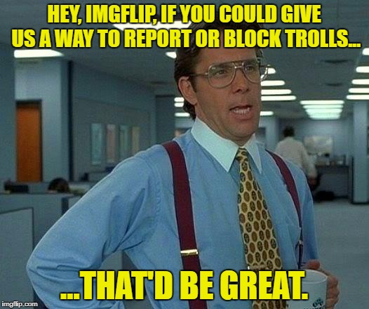 Enough with the goddamn political trolls | HEY, IMGFLIP, IF YOU COULD GIVE US A WAY TO REPORT OR BLOCK TROLLS... ...THAT'D BE GREAT. | image tagged in politics,trolls,republicans,democrats,trump,hillary | made w/ Imgflip meme maker