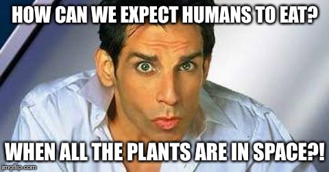 Zoolander | HOW CAN WE EXPECT HUMANS TO EAT? WHEN ALL THE PLANTS ARE IN SPACE?! | image tagged in zoolander | made w/ Imgflip meme maker