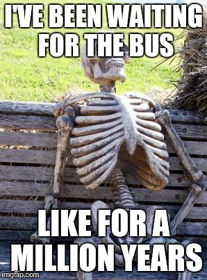 Waiting Skeleton | I'VE BEEN WAITING FOR THE BUS; LIKE FOR A MILLION YEARS | image tagged in memes,waiting skeleton | made w/ Imgflip meme maker