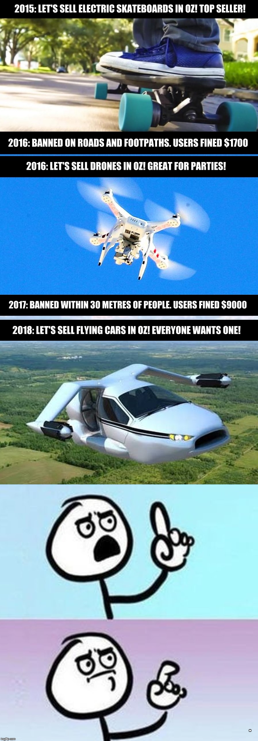 Why we'll never get flying cars! | . | image tagged in flying cars,hoverboards,electric skateboards,drones,meanwhile in australia | made w/ Imgflip meme maker
