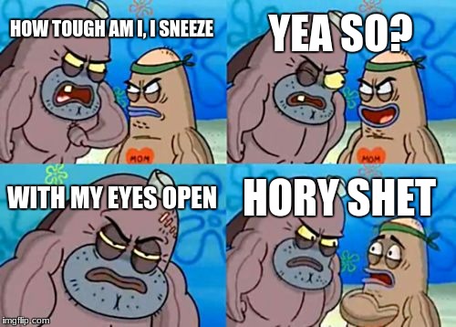 How Tough Are You | YEA SO? HOW TOUGH AM I, I SNEEZE; WITH MY EYES OPEN; HORY SHET | image tagged in memes,how tough are you | made w/ Imgflip meme maker