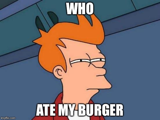 Futurama Fry | WHO; ATE MY BURGER | image tagged in memes,futurama fry | made w/ Imgflip meme maker