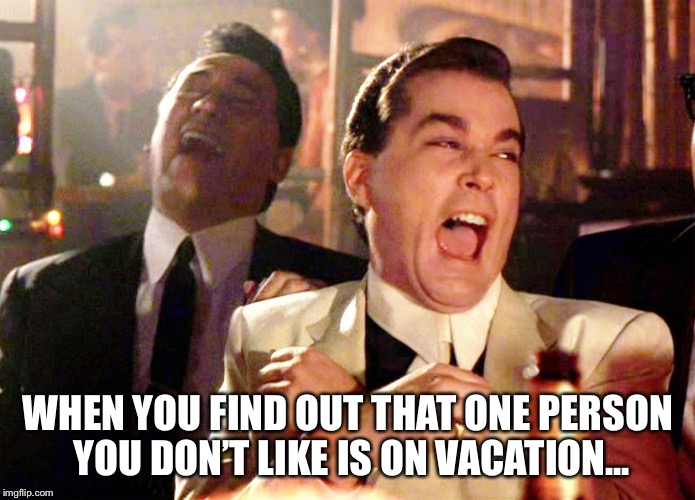 Good Fellas Hilarious | WHEN YOU FIND OUT THAT ONE PERSON YOU DON’T LIKE IS ON VACATION... | image tagged in memes,good fellas hilarious | made w/ Imgflip meme maker