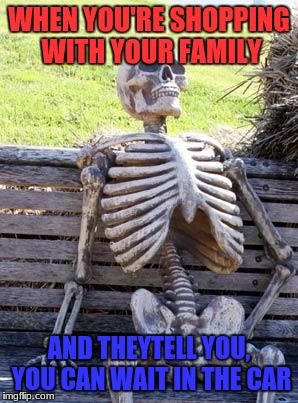 Waiting Skeleton Meme | WHEN YOU'RE SHOPPING WITH YOUR FAMILY; AND THEYTELL YOU, YOU CAN WAIT IN THE CAR | image tagged in memes,waiting skeleton | made w/ Imgflip meme maker