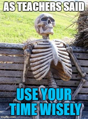 Waiting Skeleton Meme | AS TEACHERS SAID; USE YOUR TIME WISELY | image tagged in memes,waiting skeleton | made w/ Imgflip meme maker