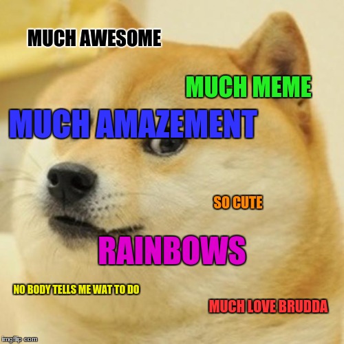 Doge | MUCH AWESOME; MUCH MEME; MUCH AMAZEMENT; SO CUTE; RAINBOWS; NO BODY TELLS ME WAT TO DO; MUCH LOVE BRUDDA | image tagged in memes,doge | made w/ Imgflip meme maker