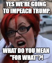 SJW Triggered | YES WE'RE GOING TO IMPEACH TRUMP. WHAT DO YOU MEAN "FOR WHAT"?! | image tagged in sjw triggered | made w/ Imgflip meme maker