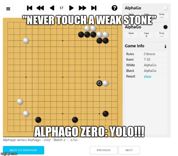 "NEVER TOUCH A WEAK STONE"; ALPHAGO ZERO: YOLO!!! | made w/ Imgflip meme maker