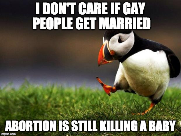 It's not always all or nothing. | I DON'T CARE IF GAY PEOPLE GET MARRIED; ABORTION IS STILL KILLING A BABY | image tagged in memes,unpopular opinion puffin,abortion,gay marriage | made w/ Imgflip meme maker
