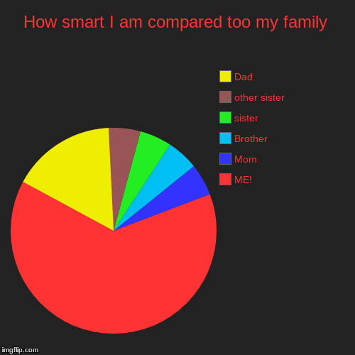 How smart I am compared too my family | ME!, Mom, Brother, sister, other sister, Dad | image tagged in funny,pie charts | made w/ Imgflip chart maker
