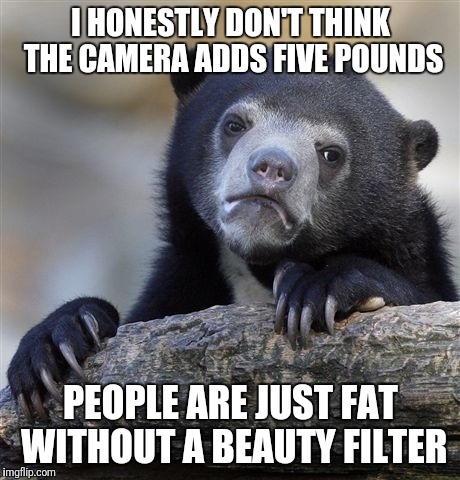 Confession Bear Meme | I HONESTLY DON'T THINK THE CAMERA ADDS FIVE POUNDS; PEOPLE ARE JUST FAT WITHOUT A BEAUTY FILTER | image tagged in memes,confession bear | made w/ Imgflip meme maker