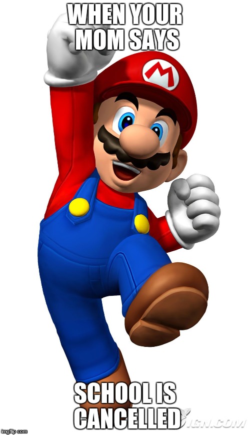 Super Mario | WHEN YOUR MOM SAYS; SCHOOL IS CANCELLED | image tagged in super mario | made w/ Imgflip meme maker