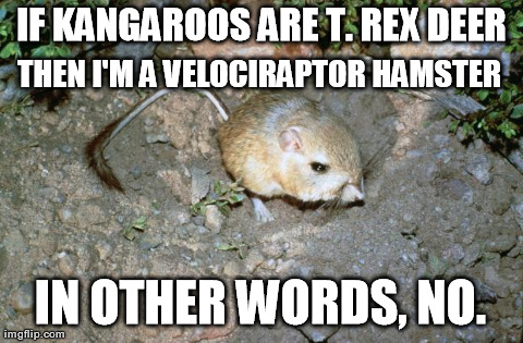 IF KANGAROOS ARE T. REX DEER THEN I'M A VELOCIRAPTOR HAMSTER IN OTHER WORDS, NO. | image tagged in disgruntled kangaroo rat | made w/ Imgflip meme maker