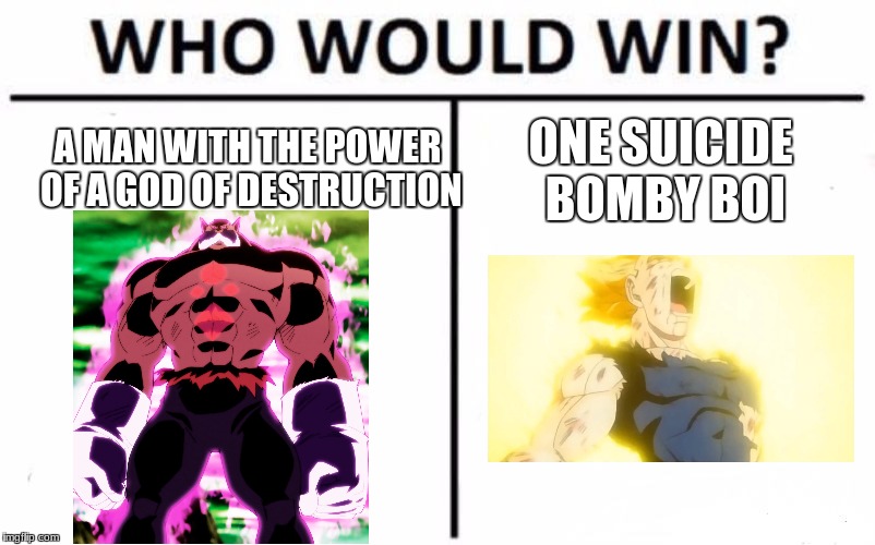 Who Would Win? | A MAN WITH THE POWER OF A GOD OF DESTRUCTION; ONE SUICIDE BOMBY BOI | image tagged in memes,who would win | made w/ Imgflip meme maker
