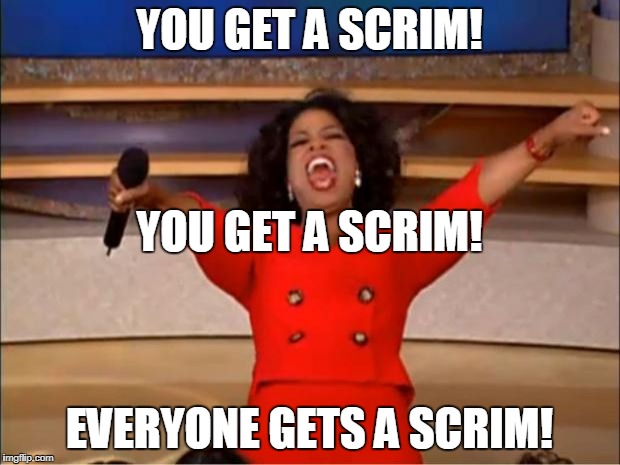 Oprah You Get A Meme | YOU GET A SCRIM! YOU GET A SCRIM! EVERYONE GETS A SCRIM! | image tagged in memes,oprah you get a | made w/ Imgflip meme maker