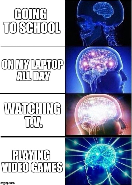 Me everyday
 | GOING TO SCHOOL; ON MY LAPTOP ALL DAY; WATCHING T.V. PLAYING VIDEO GAMES | image tagged in memes,expanding brain | made w/ Imgflip meme maker