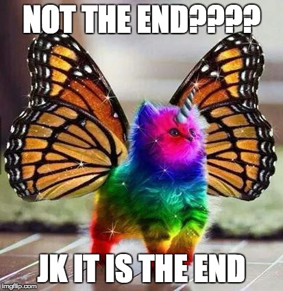 Rainbow unicorn butterfly kitten | NOT THE END???? JK IT IS THE END | image tagged in rainbow unicorn butterfly kitten | made w/ Imgflip meme maker