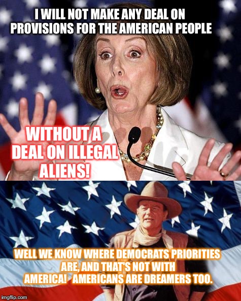 I WILL NOT MAKE ANY DEAL ON PROVISIONS FOR THE AMERICAN PEOPLE; WITHOUT A DEAL ON ILLEGAL ALIENS! WELL WE KNOW WHERE DEMOCRATS PRIORITIES ARE, AND THAT'S NOT WITH AMERICA!   AMERICANS ARE DREAMERS TOO. | image tagged in nancy pelosi | made w/ Imgflip meme maker