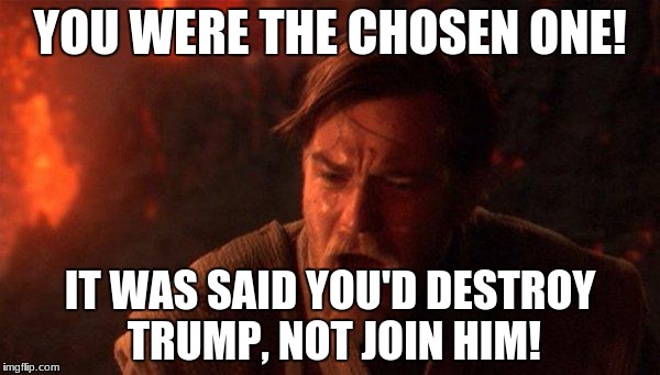 You Were The Chosen One (Star Wars) Meme | YOU WERE THE CHOSEN ONE! IT WAS SAID YOU'D DESTROY TRUMP, NOT JOIN HIM! | image tagged in memes,you were the chosen one star wars | made w/ Imgflip meme maker