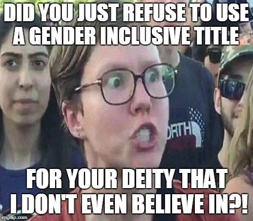 When you only refer to God as 'Him' or 'Father'  | DID YOU JUST REFUSE TO USE A GENDER INCLUSIVE TITLE; FOR YOUR DEITY THAT I DON'T EVEN BELIEVE IN?! | image tagged in triggered liberal,triggered feminist,atheist,god,pronouns,memes | made w/ Imgflip meme maker