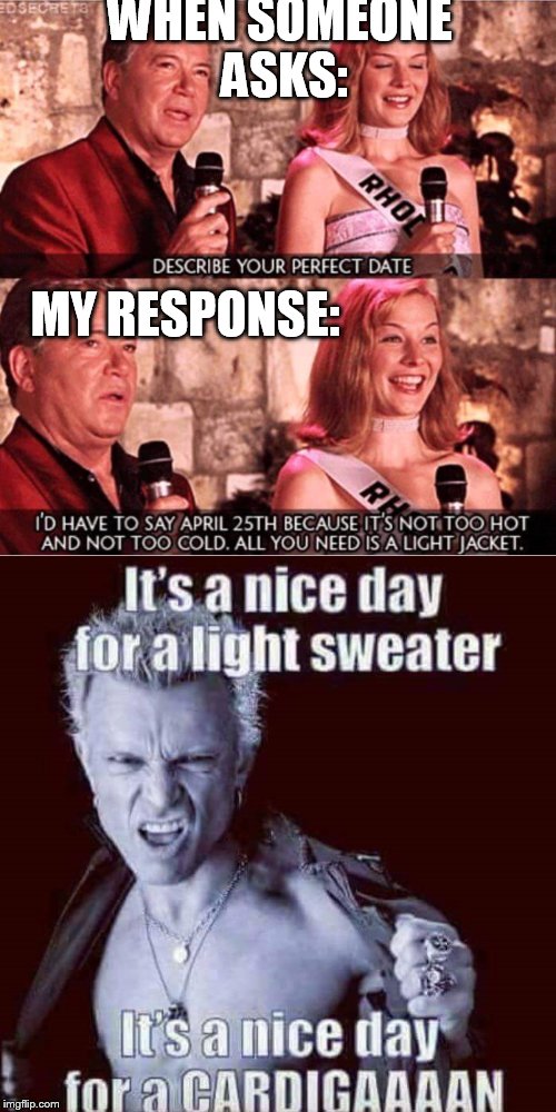 Perfect date | WHEN SOMEONE ASKS:; MY RESPONSE: | image tagged in billy idol,perfect,april,weather | made w/ Imgflip meme maker