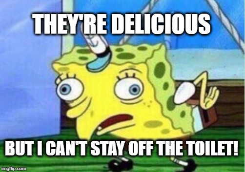 Mocking Spongebob Meme | THEY'RE DELICIOUS BUT I CAN'T STAY OFF THE TOILET! | image tagged in memes,mocking spongebob | made w/ Imgflip meme maker