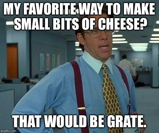 That Would Be Great Meme | MY FAVORITE WAY TO MAKE SMALL BITS OF CHEESE? THAT WOULD BE GRATE. | image tagged in memes,that would be great | made w/ Imgflip meme maker