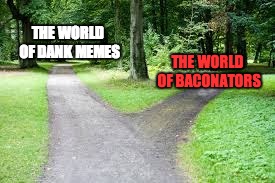 Fork in the road | THE WORLD OF DANK MEMES; THE WORLD OF BACONATORS | image tagged in fork in the road | made w/ Imgflip meme maker