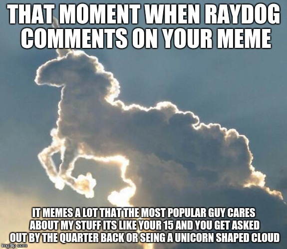 Unicorn cloud | THAT MOMENT WHEN RAYDOG COMMENTS ON YOUR MEME; IT MEMES A LOT THAT THE MOST POPULAR GUY CARES ABOUT MY STUFF ITS LIKE YOUR 15 AND YOU GET ASKED OUT BY THE QUARTER BACK OR SEING A UNICORN SHAPED CLOUD | image tagged in unicorn cloud | made w/ Imgflip meme maker
