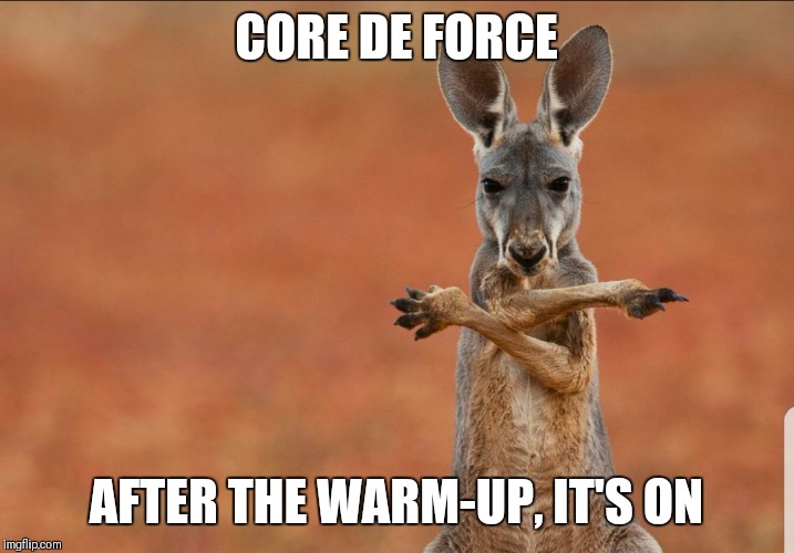 CORE DE FORCE; AFTER THE WARM-UP, IT'S ON | image tagged in kangaroo stretching | made w/ Imgflip meme maker