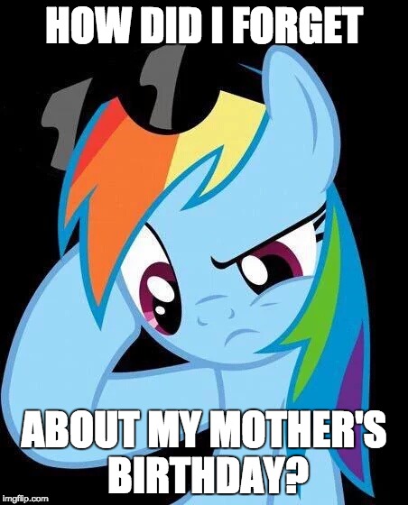 Apparently it's her birthday today! | HOW DID I FORGET; ABOUT MY MOTHER'S BIRTHDAY? | image tagged in confused rainbow dash,memes,mother,birthday | made w/ Imgflip meme maker