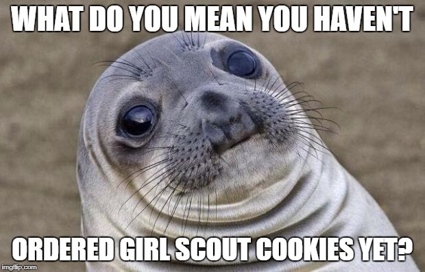 Awkward Moment Sealion | WHAT DO YOU MEAN YOU HAVEN'T; ORDERED GIRL SCOUT COOKIES YET? | image tagged in memes,awkward moment sealion | made w/ Imgflip meme maker