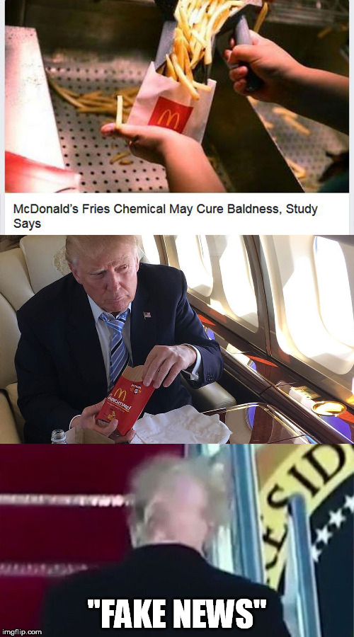 clearly fake news | "FAKE NEWS" | image tagged in donald trump,fake news,mcdonalds | made w/ Imgflip meme maker