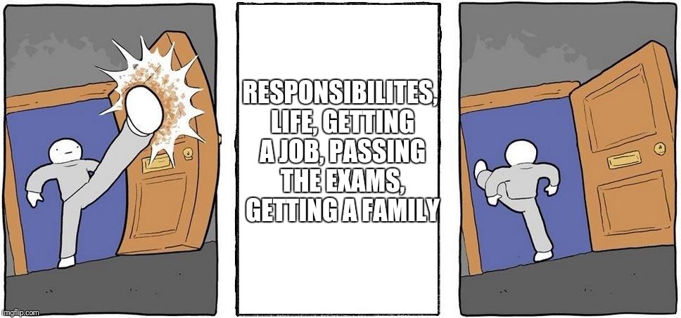 Nope | RESPONSIBILITES, LIFE, GETTING A JOB, PASSING THE EXAMS, GETTING A FAMILY | image tagged in not taking that,memes | made w/ Imgflip meme maker