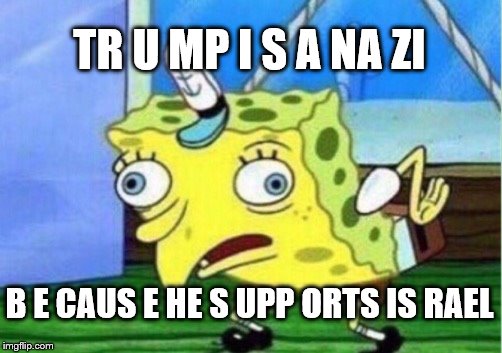 Mocking Spongebob Meme | TR U MP I S A NA ZI; B E CAUS E HE S UPP ORTS IS RAEL | image tagged in memes,mocking spongebob | made w/ Imgflip meme maker