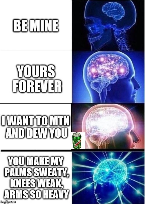 Valentines Day Pickup Lines Be Like | BE MINE; YOURS FOREVER; I WANT TO MTN AND DEW YOU; YOU MAKE MY PALMS SWEATY, KNEES WEAK, ARMS SO HEAVY | image tagged in memes,expanding brain | made w/ Imgflip meme maker