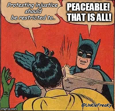 Batman Slapping Robin | Protesting injustice should be restricted to.. PEACEABLE! THAT IS ALL! @UnKleFreaKy | image tagged in memes,batman slapping robin | made w/ Imgflip meme maker