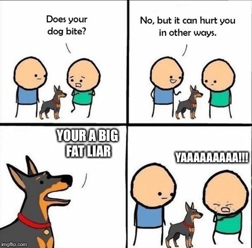 does your dog bite | YOUR A BIG FAT LIAR; YAAAAAAAAA!!! | image tagged in does your dog bite | made w/ Imgflip meme maker