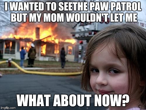 fire girl | I WANTED TO SEETHE PAW PATROL BUT MY MOM WOULDN'T LET ME; WHAT ABOUT NOW? | image tagged in fire girl | made w/ Imgflip meme maker