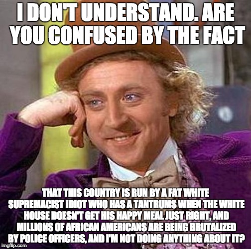 Creepy Condescending Wonka Meme | I DON'T UNDERSTAND. ARE YOU CONFUSED BY THE FACT; THAT THIS COUNTRY IS RUN BY A FAT WHITE SUPREMACIST IDIOT WHO HAS A TANTRUMS WHEN THE WHITE HOUSE DOESN'T GET HIS HAPPY MEAL JUST RIGHT, AND MILLIONS OF AFRICAN AMERICANS ARE BEING BRUTALIZED BY POLICE OFFICERS, AND I'M NOT DOING ANYTHING ABOUT IT? | image tagged in memes,creepy condescending wonka | made w/ Imgflip meme maker