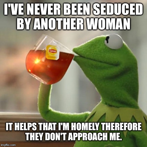 But That's None Of My Business Meme | I'VE NEVER BEEN SEDUCED BY ANOTHER WOMAN; IT HELPS THAT I'M HOMELY THEREFORE THEY DON'T APPROACH ME. | image tagged in memes,but thats none of my business,kermit the frog | made w/ Imgflip meme maker