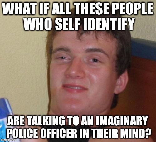 10 Guy Meme | WHAT IF ALL THESE PEOPLE WHO SELF IDENTIFY; ARE TALKING TO AN IMAGINARY POLICE OFFICER IN THEIR MIND? | image tagged in memes,10 guy | made w/ Imgflip meme maker