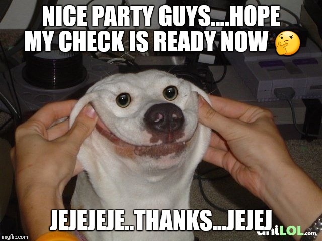 happy dog | NICE PARTY GUYS....HOPE MY CHECK IS READY NOW 🤔; JEJEJEJE..THANKS...JEJEJ | image tagged in happy dog | made w/ Imgflip meme maker