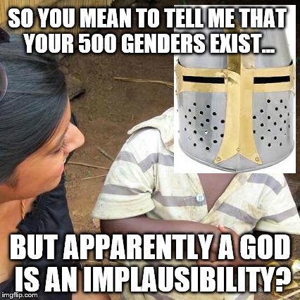 First World Skeptical Crusader | SO YOU MEAN TO TELL ME THAT YOUR 500 GENDERS EXIST... BUT APPARENTLY A GOD IS AN IMPLAUSIBILITY? | image tagged in memes,third world skeptical kid,crusader,gender | made w/ Imgflip meme maker