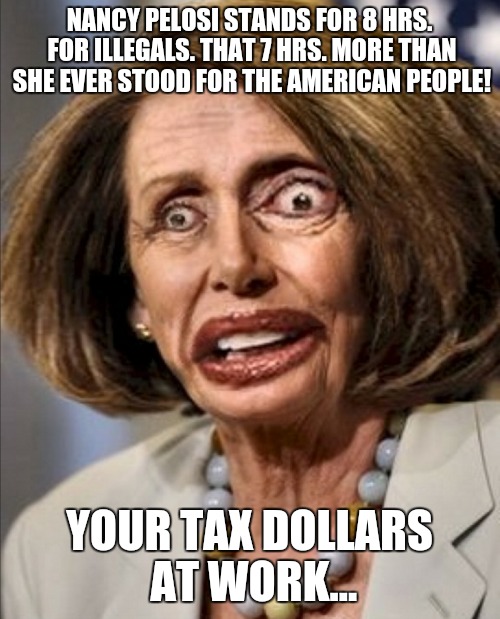 NANCY PELOSI STANDS FOR 8 HRS. FOR ILLEGALS. THAT 7 HRS. MORE THAN SHE EVER STOOD FOR THE AMERICAN PEOPLE! YOUR TAX DOLLARS AT WORK... | image tagged in grs np | made w/ Imgflip meme maker