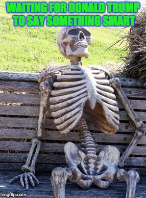 Waiting Skeleton | WAITING FOR DONALD TRUMP TO SAY SOMETHING SMART | image tagged in memes,waiting skeleton | made w/ Imgflip meme maker