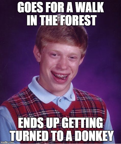 Bad Luck Brian | GOES FOR A WALK IN THE FOREST; ENDS UP GETTING TURNED TO A DONKEY | image tagged in memes,bad luck brian | made w/ Imgflip meme maker