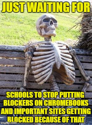Waiting Skeleton | JUST WAITING FOR; SCHOOLS TO STOP PUTTING BLOCKERS ON CHROMEBOOKS AND IMPORTANT SITES GETTING BLOCKED BECAUSE OF THAT | image tagged in memes,waiting skeleton,blocked,chromebook,block,school | made w/ Imgflip meme maker