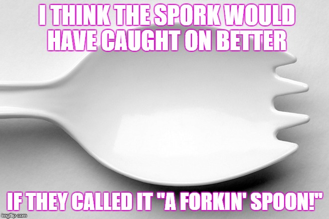 sporking |  I THINK THE SPORK WOULD HAVE CAUGHT ON BETTER; IF THEY CALLED IT "A FORKIN' SPOON!" | image tagged in spork | made w/ Imgflip meme maker